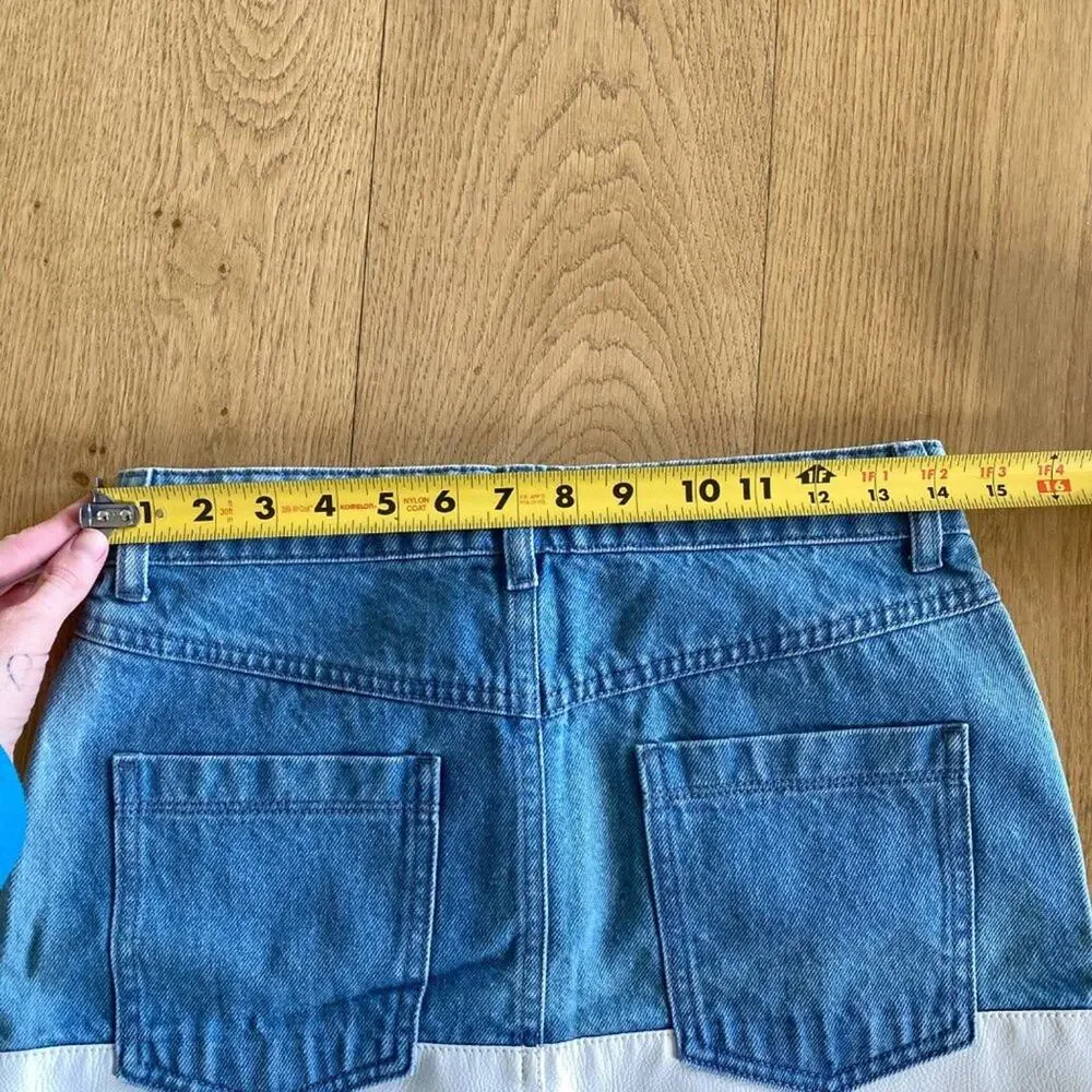 Denim and Leather Skirt in Blue and White